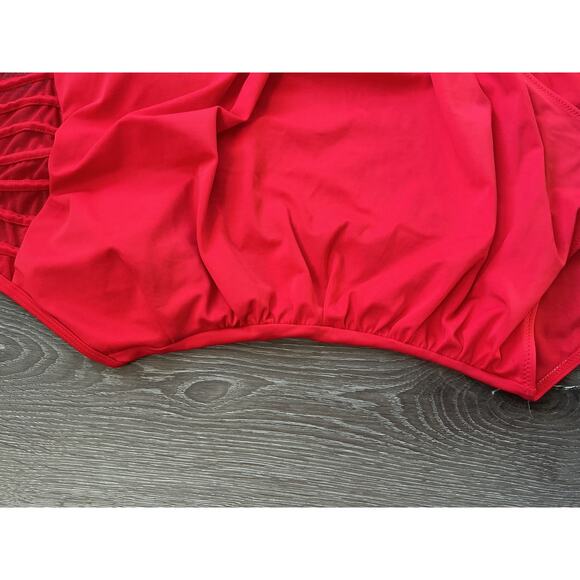 One Piece Ruched Side Halter‎ Neck Mesh Detail Red Bathing Swim Suit Womens XS - Picture 5 of 9